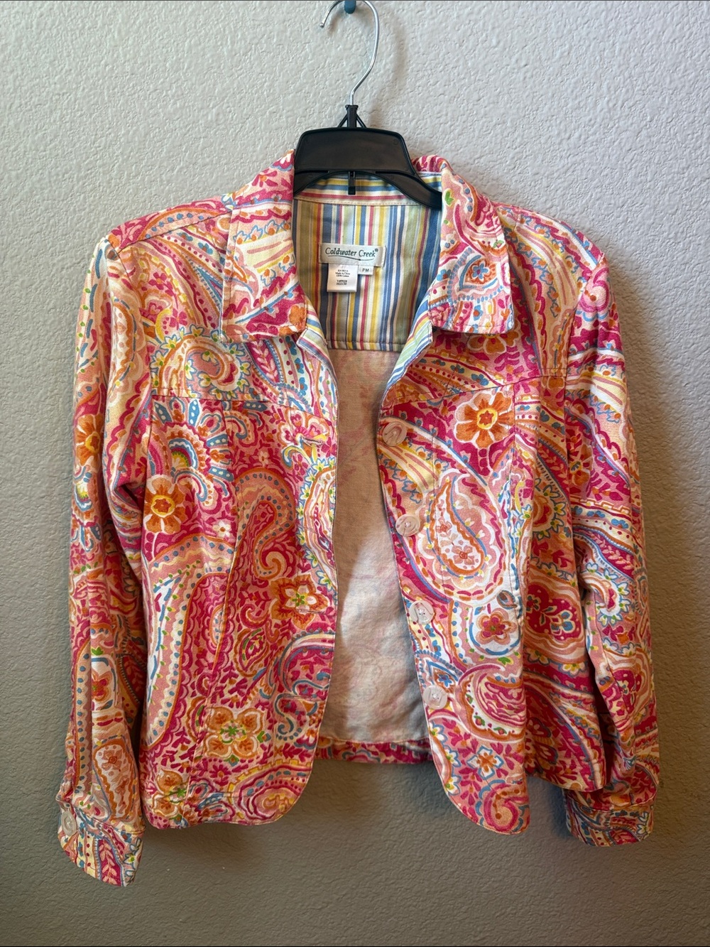 Vintage Y2K Coastal Coldwater Creek Pink Orange Paisley Button-Down Shirt Jacket - Picture 3 of 9